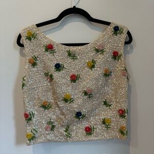 Vintage cream sequined top with colorful flowers and pearl details *as is*